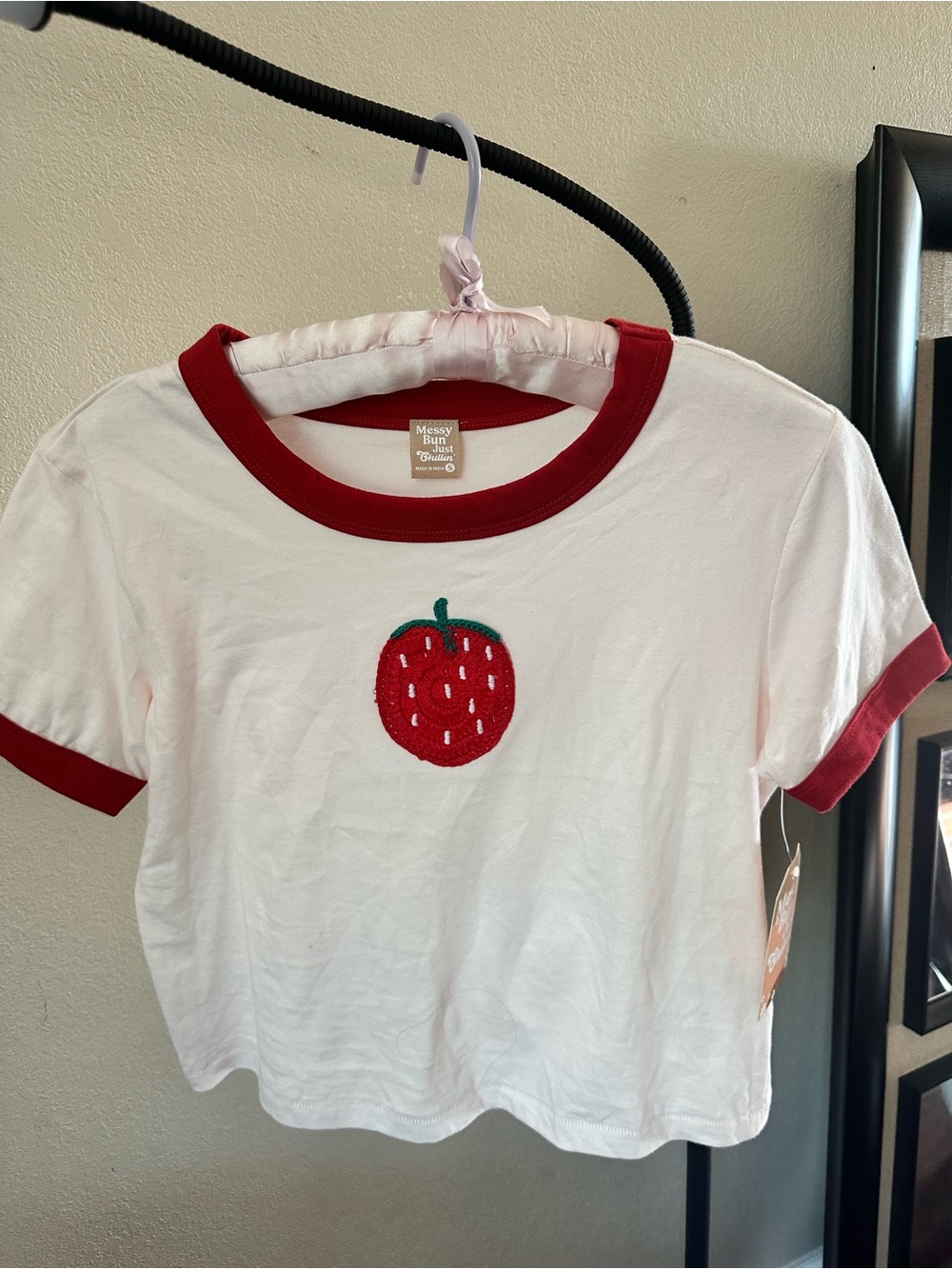 Messy Bun White Short Sleeve Tee with Red Strawberry Applique